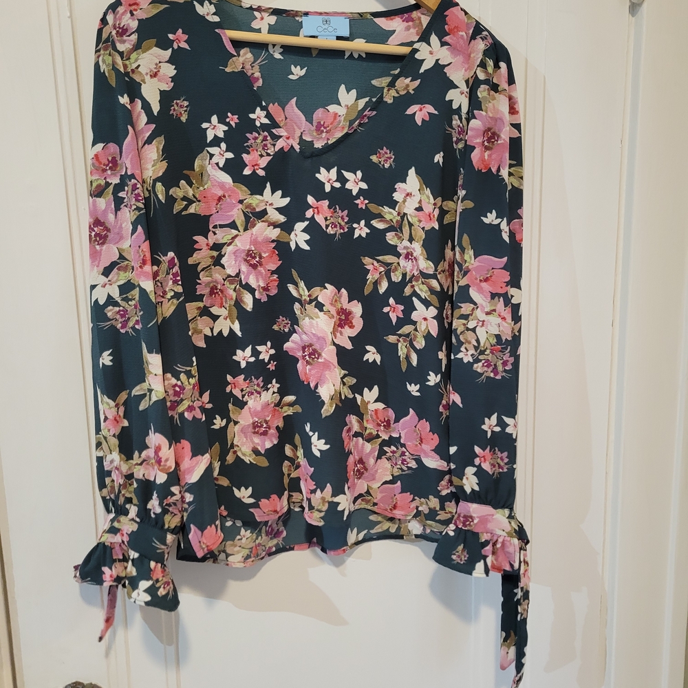 CeCe Floral Long-Sleeve V-Neck Blouse in Teal and Pink